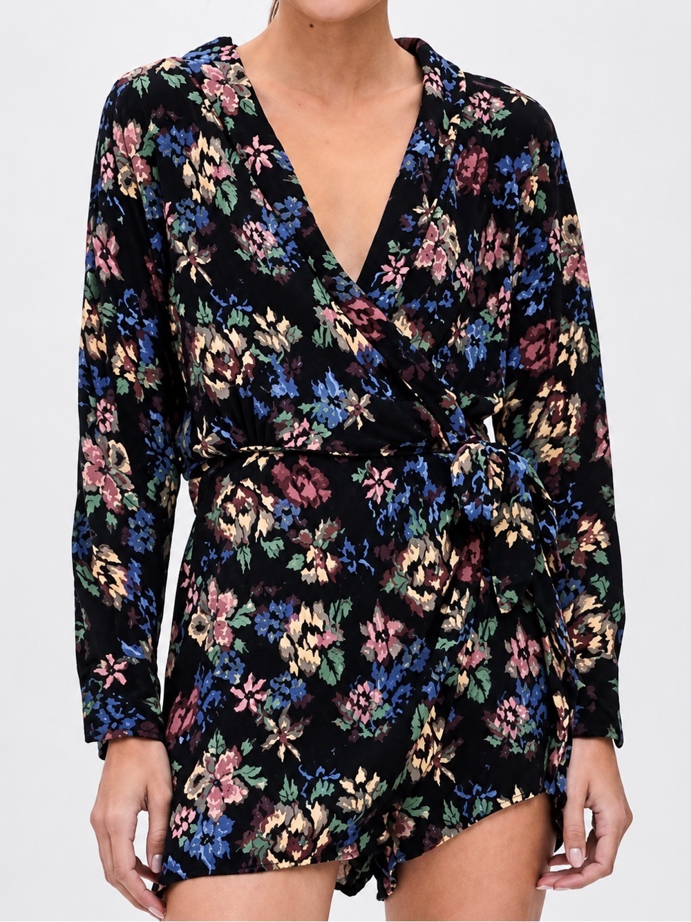 Zara trf collection black floral wrap romper, XS